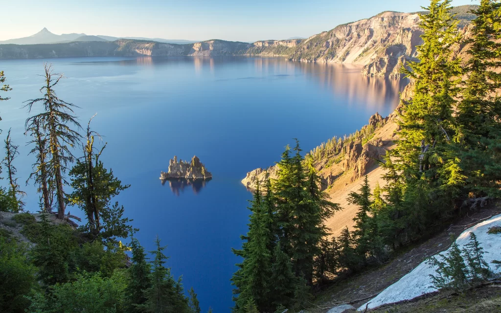 Lake Crater Forest Cliffs Water Reflection
