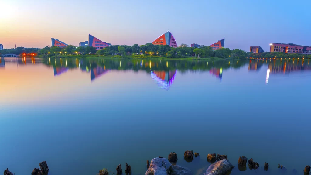 Lake Reflections Sunset Architecture Trees
