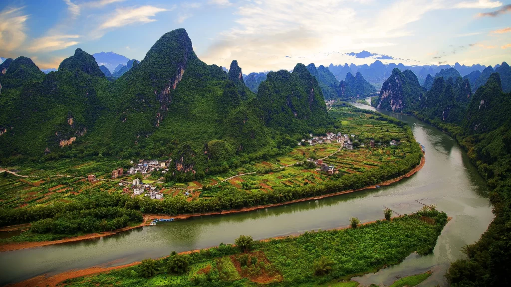 Landscape River Mountains Greenery Village Nature
