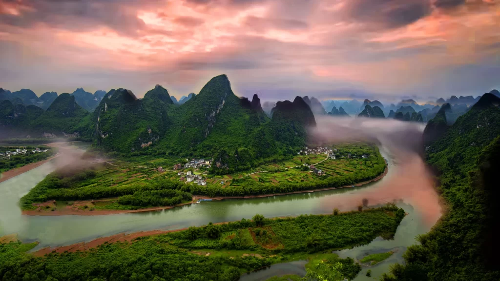 Landscape River Mountains Mist Clouds