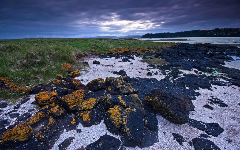 Landscape Rocky Terrain Mossy Rocks Overcast Sky Water Body