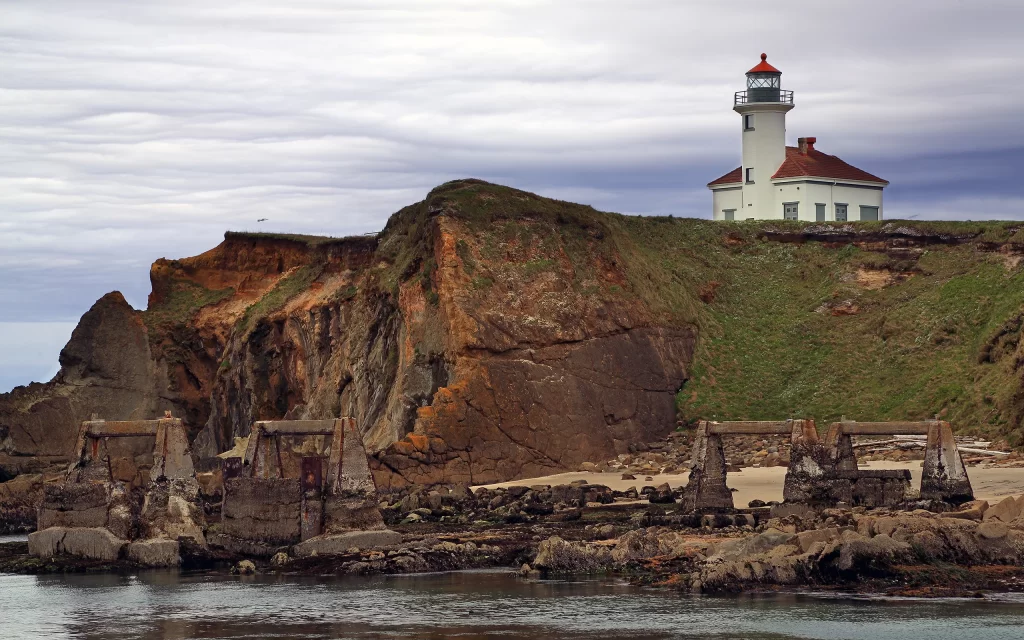 Lighthouse Cliff Ocean Rocks Cloudy Sky