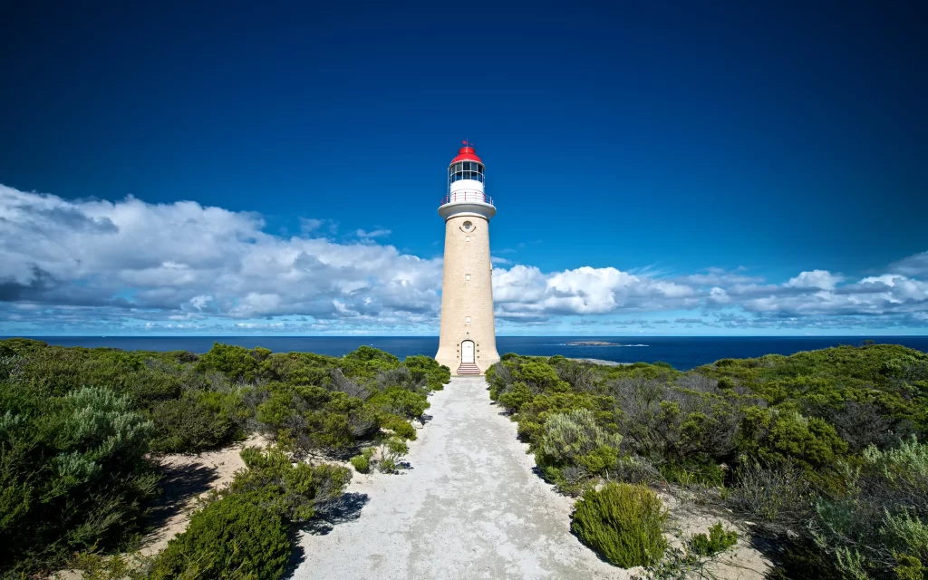 Lighthouse Coastal Pathway Ocean Blue Sky Clouds