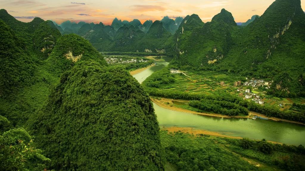 Lush Greenery River Mountains Sunset Village Nature