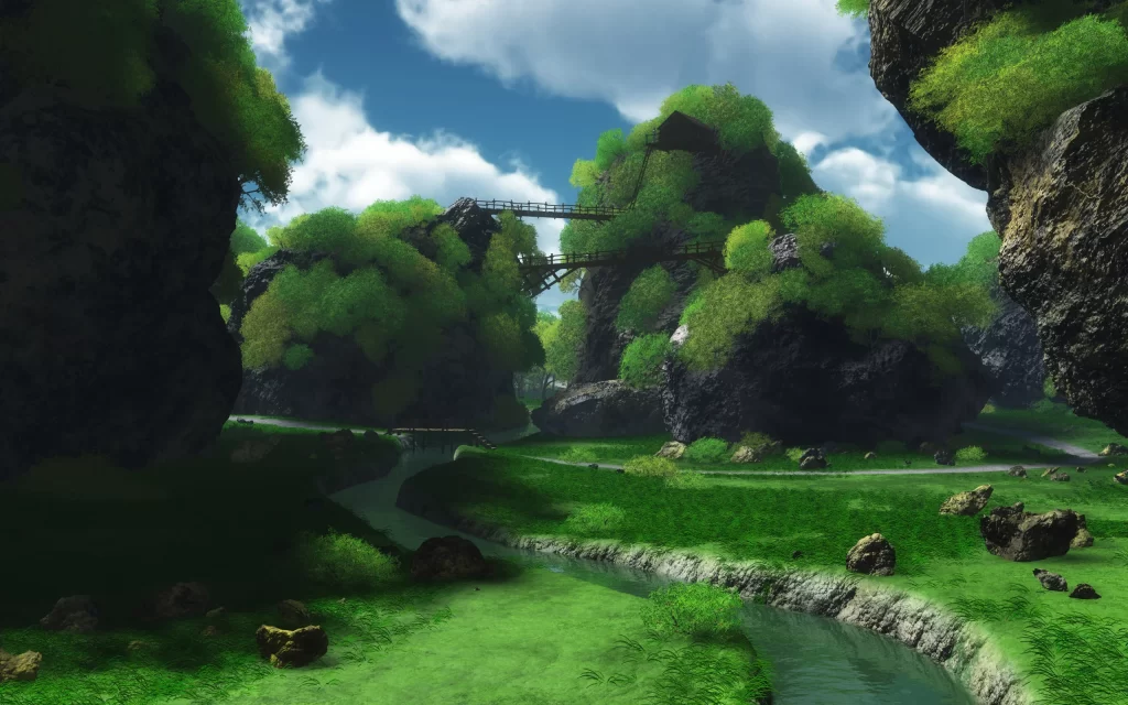Lush Greenery Rocky Terrain Wooden Bridge Serene Stream Blue Sky Clouds