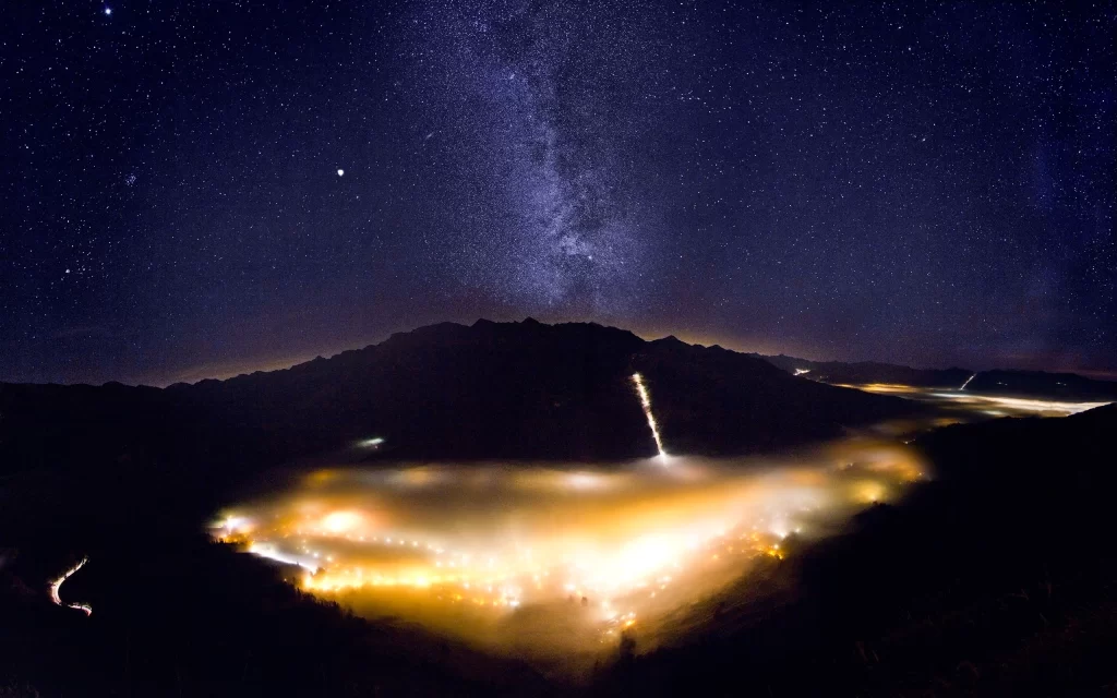 Milky Way Stars Mountain Mist Lights