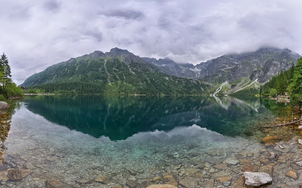 Mountain Lake Reflection Clear Water Rocks Forest