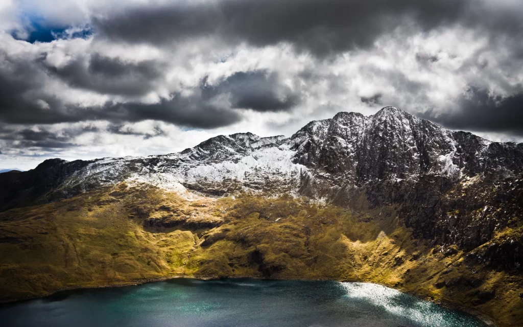 Mountain Peaks Clouds Snow Lake Rocky Terrain