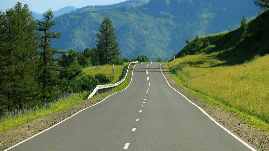 Mountain Road Greenery Trees Hills Blue Sky