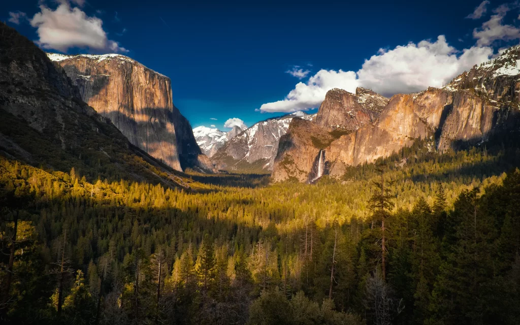 Mountainous Landscape Forest Sunlight Clouds Snow
