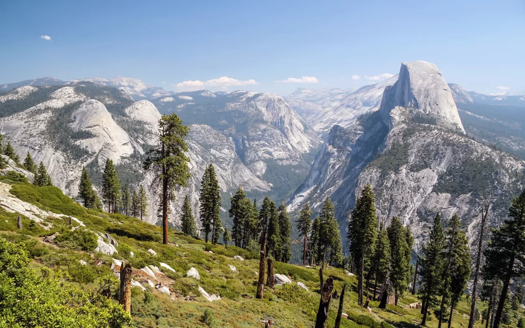 Mountainous Landscape Granite Peaks Evergreen Trees Valley Sky