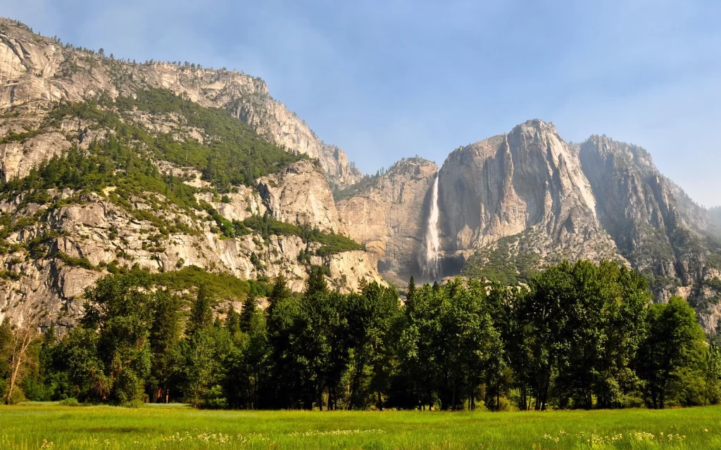 Mountainous Landscape Waterfall Green Trees Meadow Blue Sky