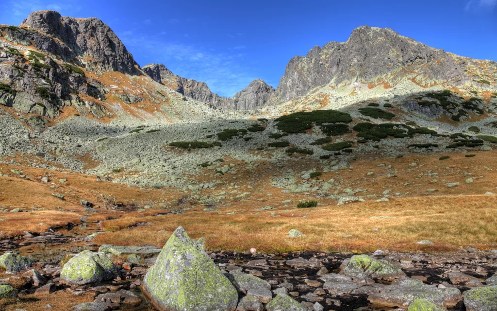 Mountainous Terrain Rocky Peaks Clear Sky Alpine Meadow Scenic