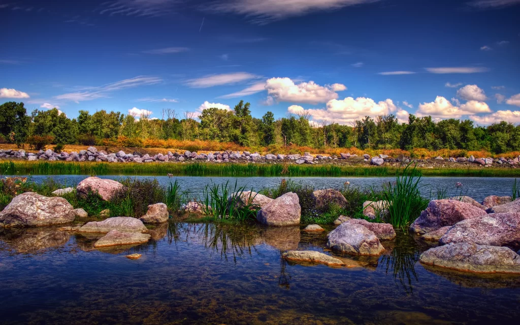 Nature Scenic River Rocks Greenery Clouds Blue Sky