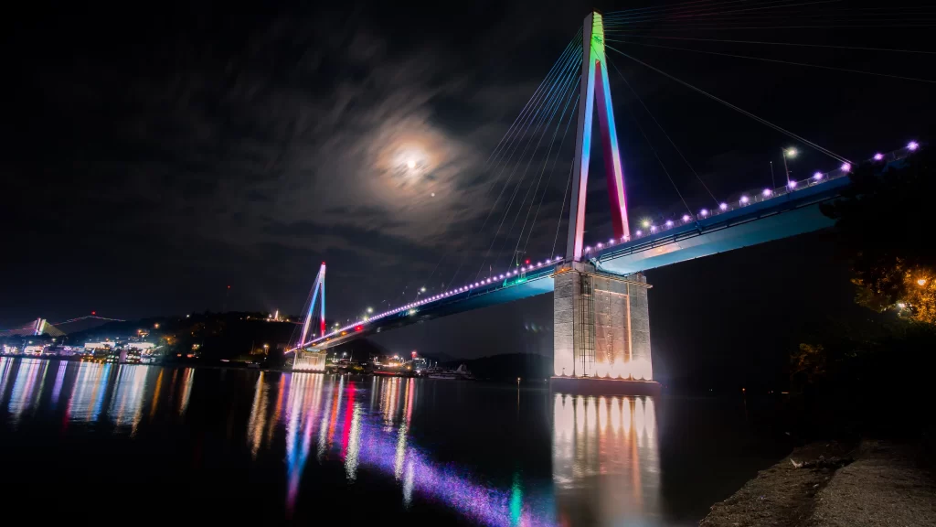 Night Bridge Lights Reflection Moon Sky