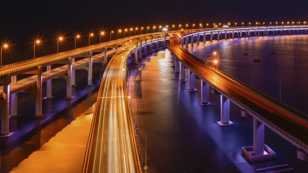 Night Bridge Lights Traffic Reflections