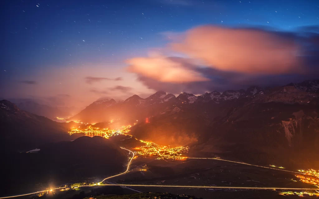 Night Sky Stars Mountains City Lights Clouds