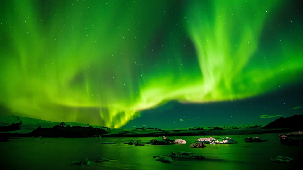 Northern Lights Green Aurora Stars Snow Ice