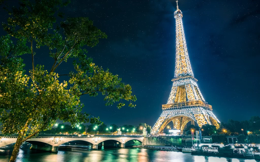 Paris Eiffel Tower Night Illumination River Bridge