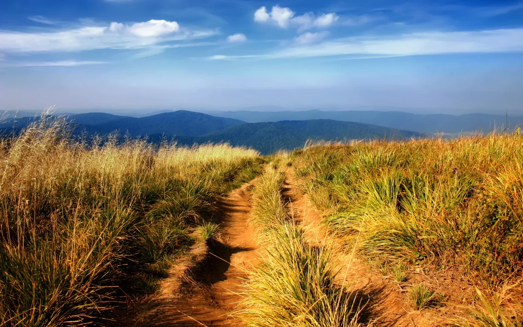 Pathway Grass Hills Sky Blue Clouds