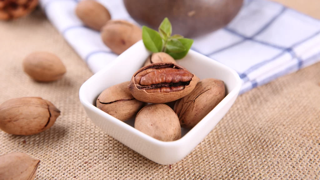 Pecans Nuts Bowl Green Leaves Nature