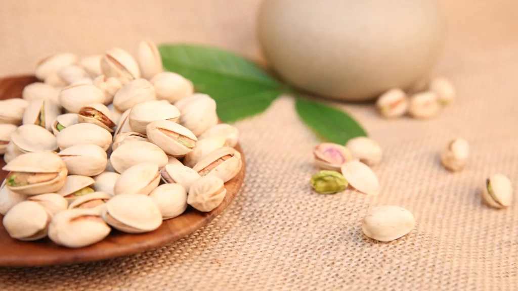 Pistachios Plate Green Leaves Nuts