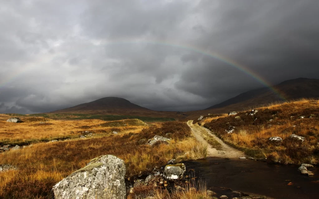 Rainbow Clouds Mountains Path Rocks
