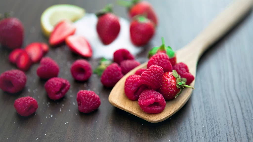 Raspberries Strawberries Lemon Sugar Wooden Spoon