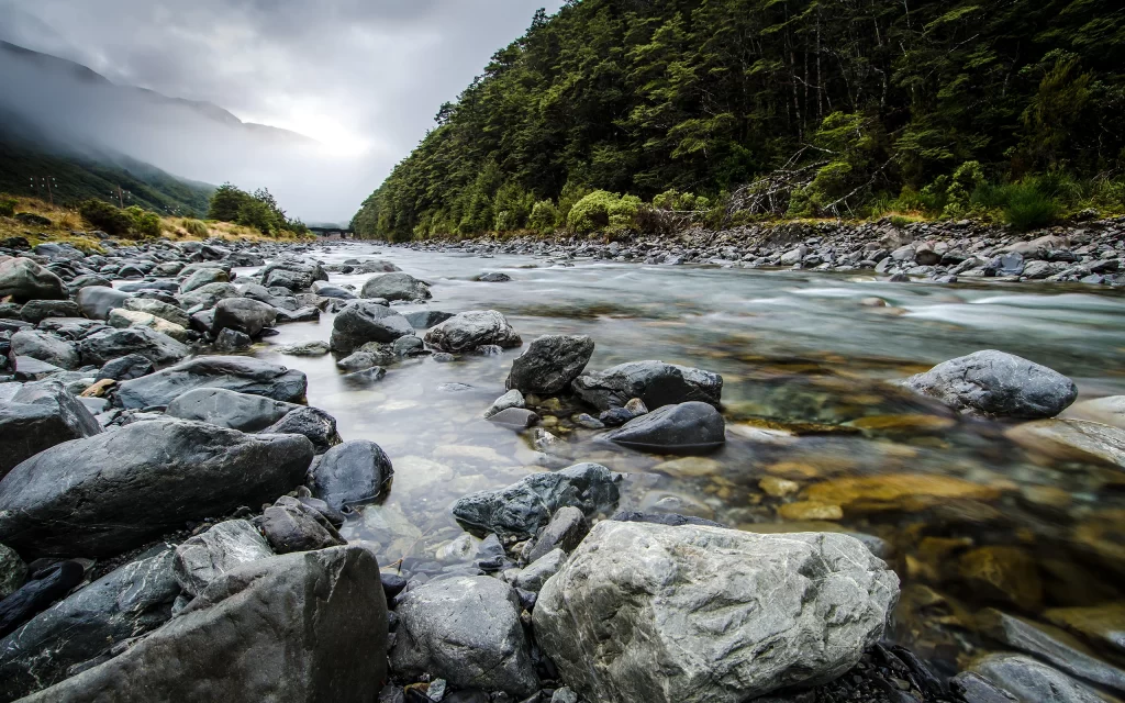 River Rocks Forest Misty Mountains Nature