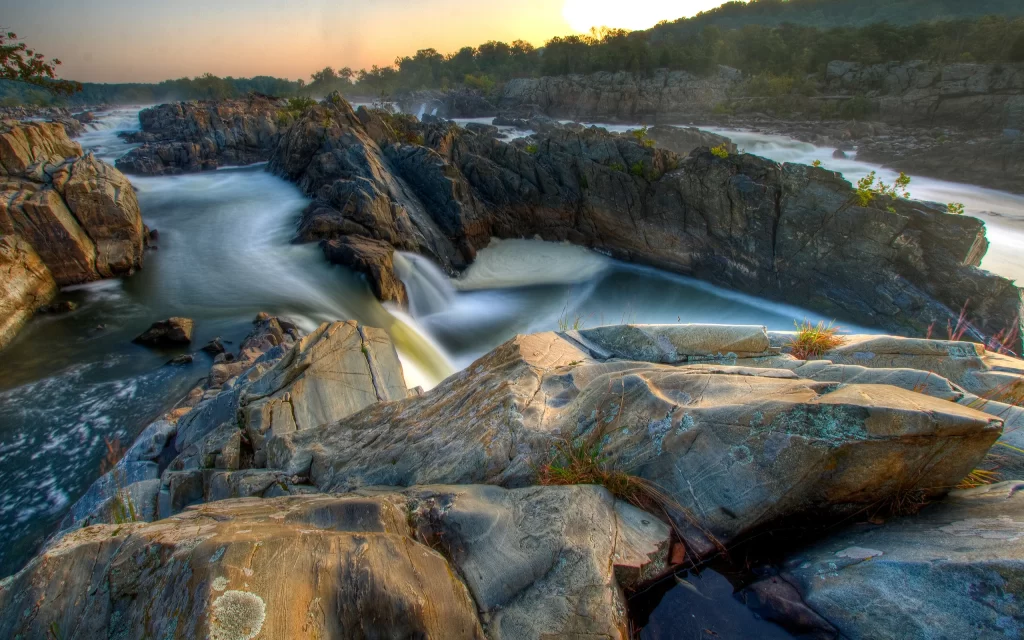Rocks River Waterfall Sunset Nature Scenery
