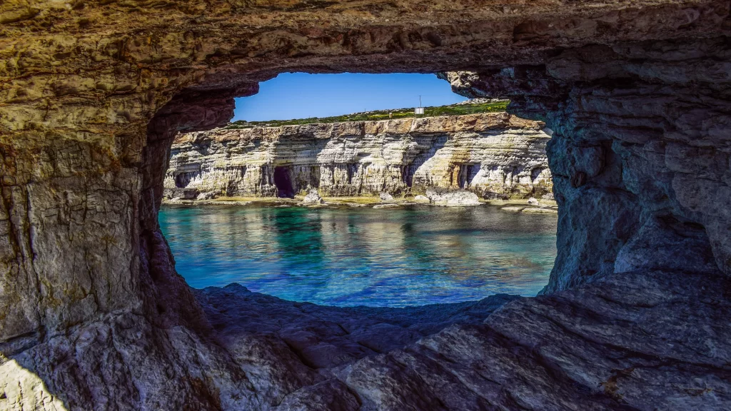 Rocky Cave Ocean Cliff Blue Sky Reflection