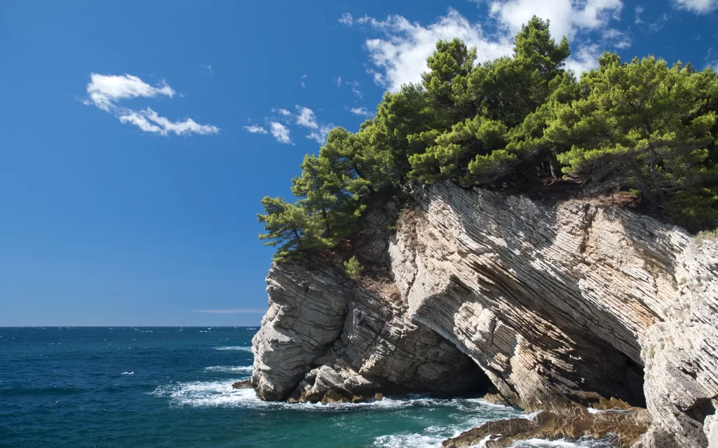 Rocky Coastline Green Trees Blue Sky Ocean Waves