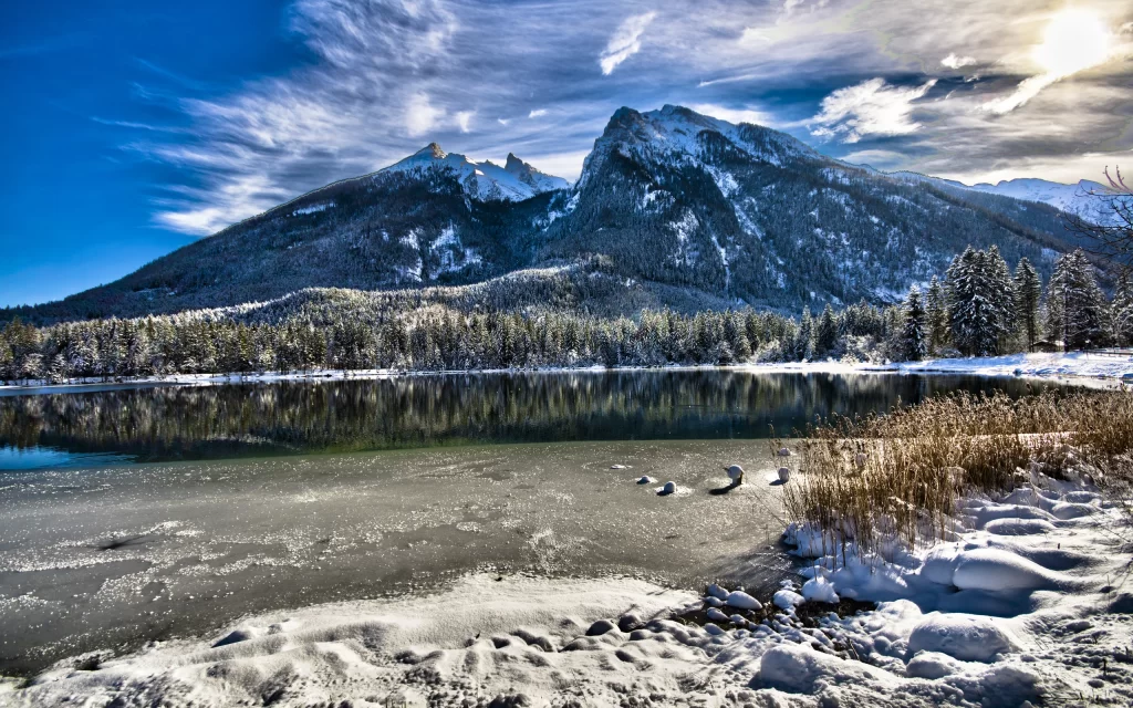 Snowy Mountain Lake Reflection Winter Forest Blue Sky