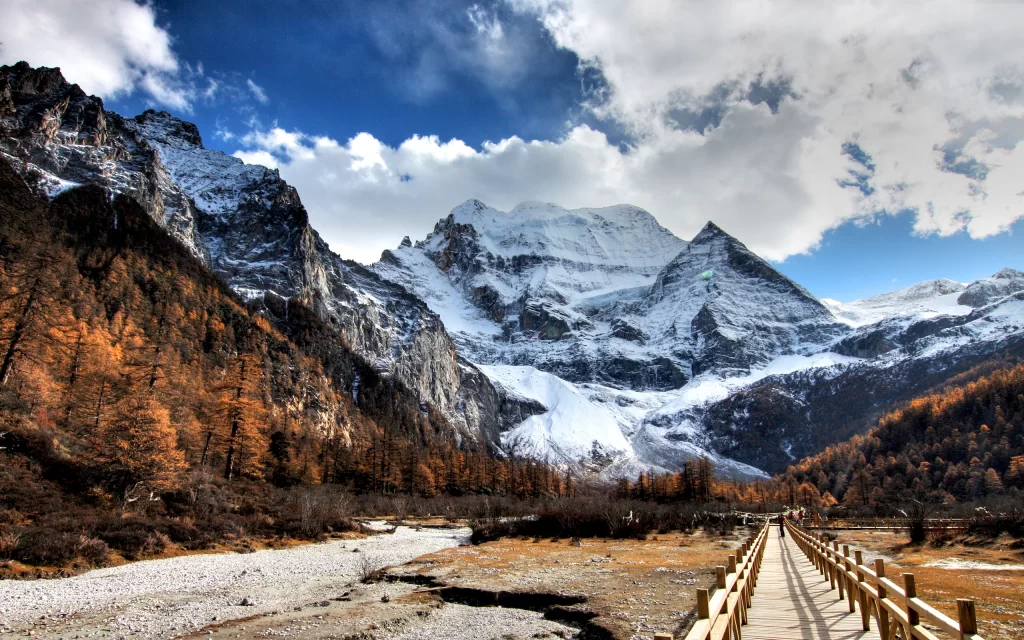 Snowy Mountains Autumn Trees Wooden Path Clouds Blue Sky