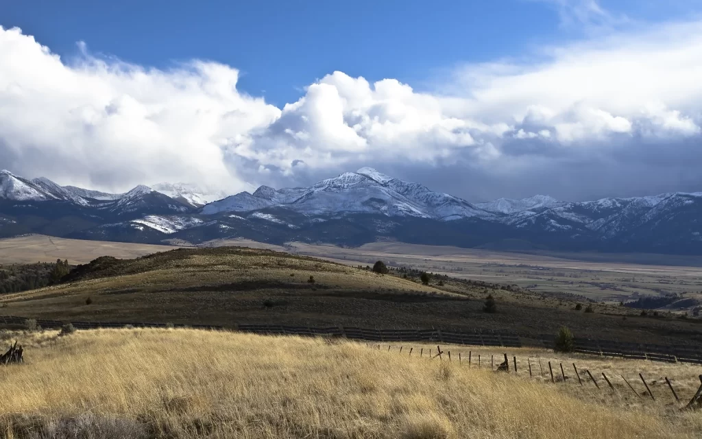 Snowy Mountains Clouds Grasslands Fence Prairie