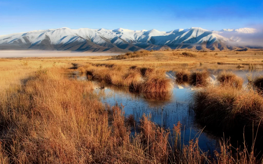 Snowy Mountains Golden Grass Clear Sky Tranquil Water Misty Horizon Natural Landscape