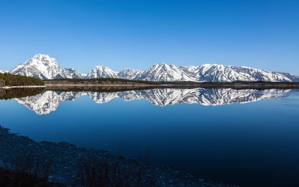Snowy Mountains Lake Reflection Clear Sky Blue
