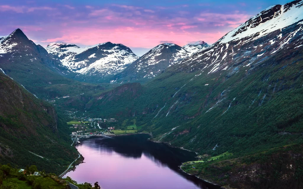 Snowy Mountains Lake Valley Greenery Sunset Reflection