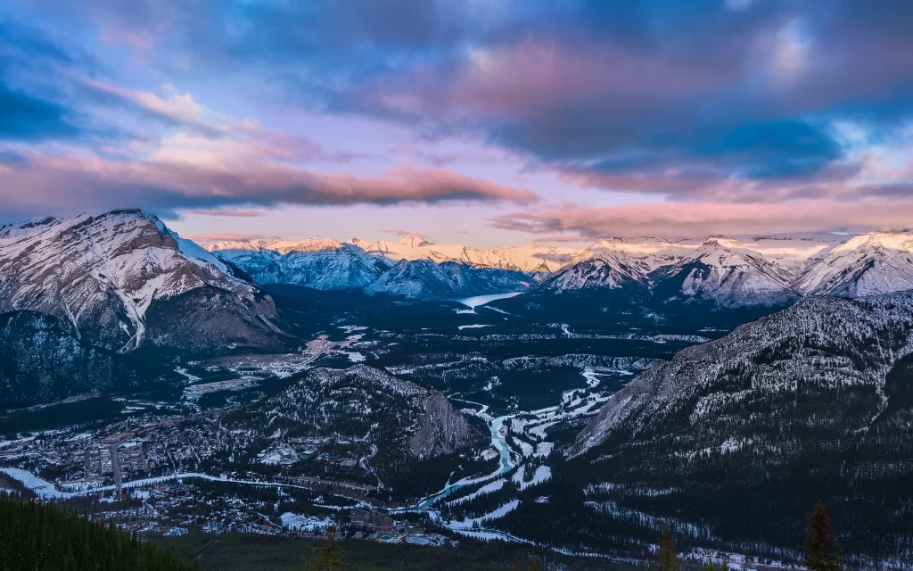 Snowy Mountains Sunset Clouds River Valley