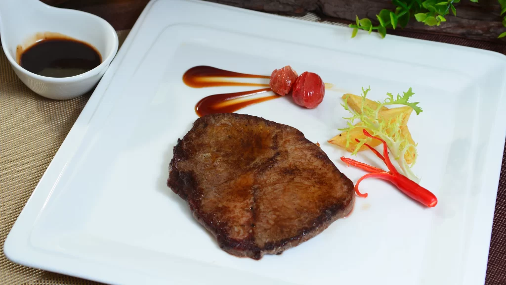 Steak Vegetables Sauce Garnish Plate