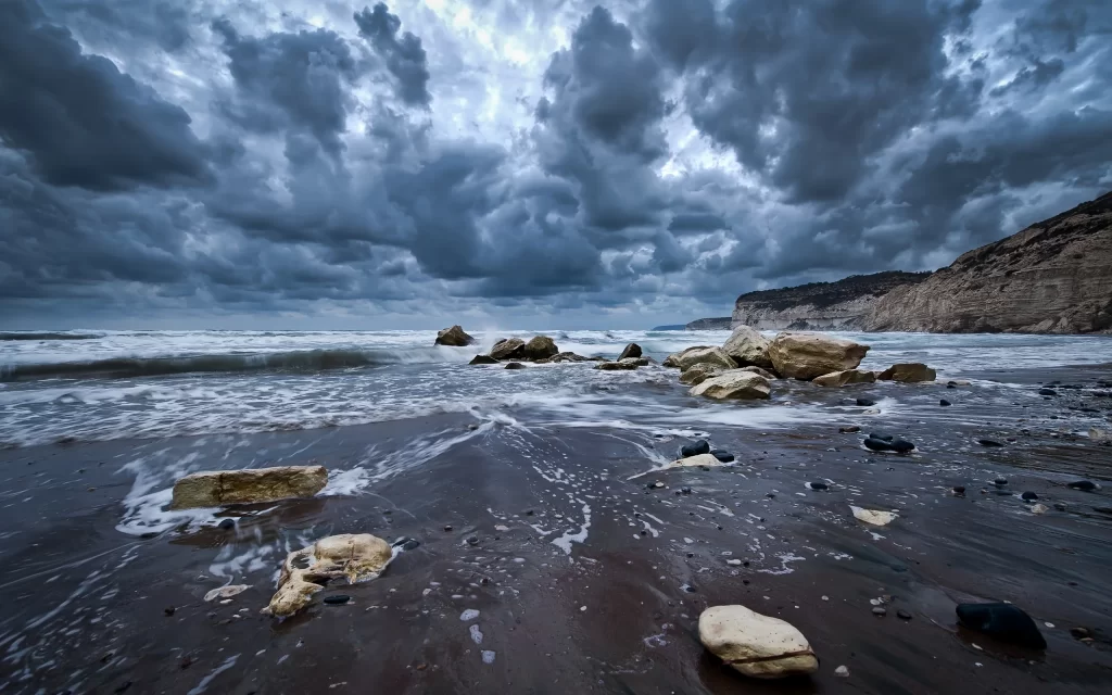 Stormy Clouds Ocean Waves Rocky Shore Dark Sky Nature