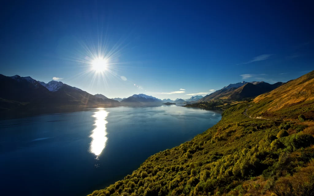 Sunlight Reflection Lake Mountains Blue Sky Nature