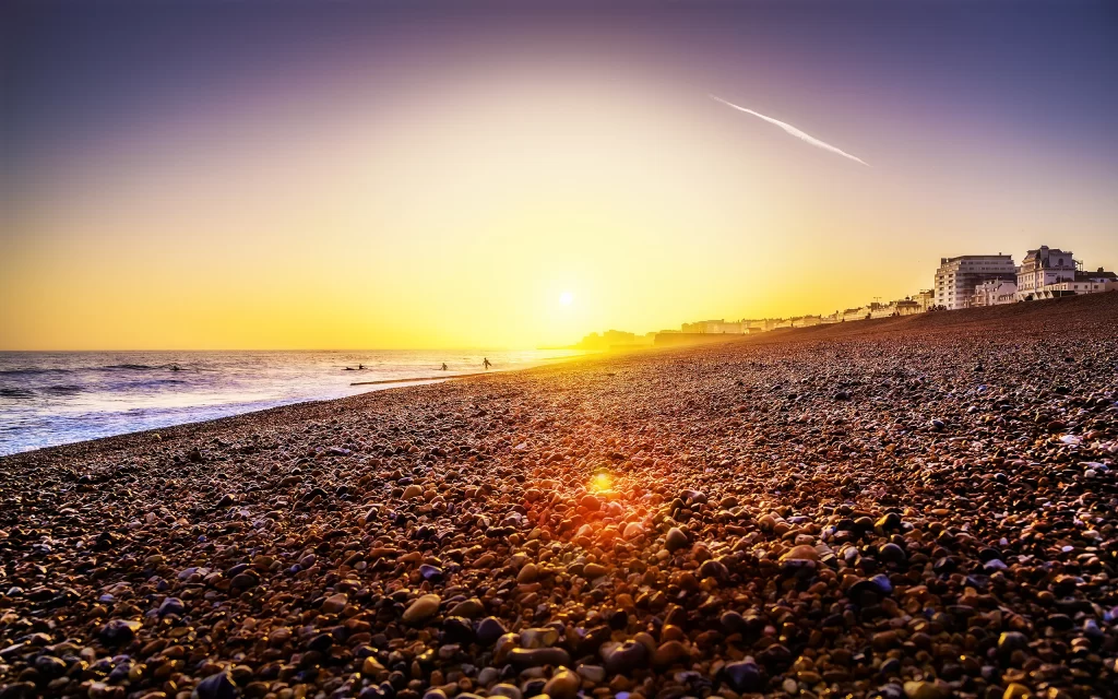 Sunset Beach Pebbles Ocean Horizon Sky
