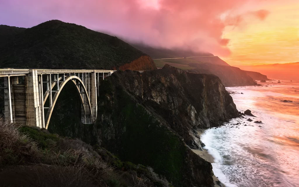 Sunset Bridge Ocean Waves Cliff Scenic