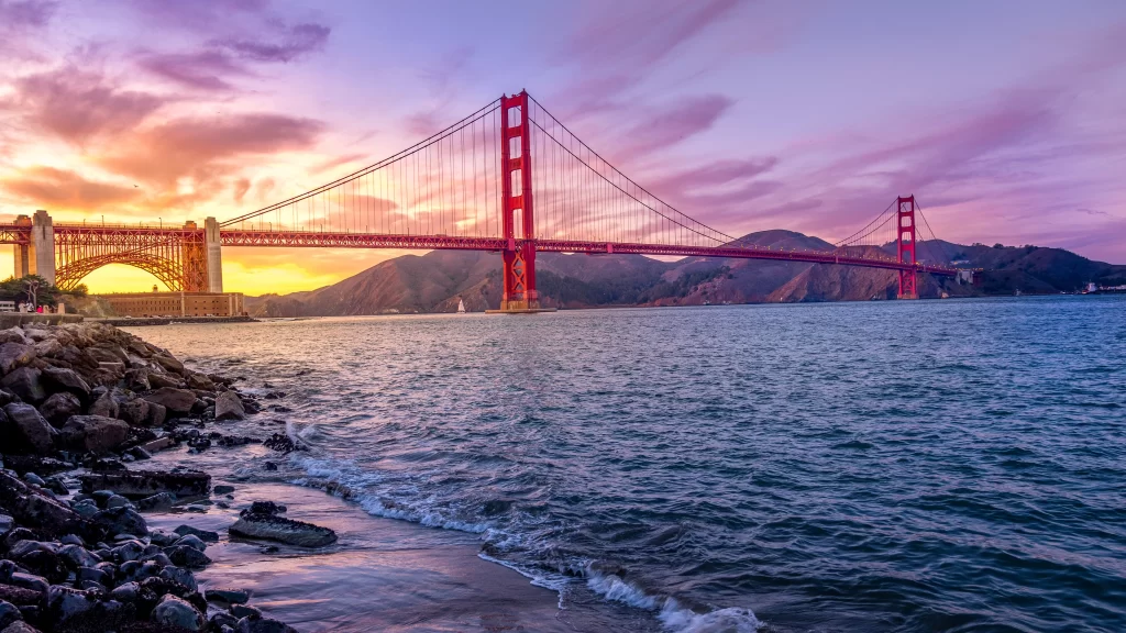 Sunset Bridge Water Sky Mountains