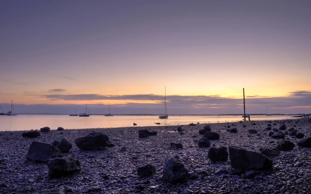 Sunset Calm Sea Rocks Boats Horizon Twilight