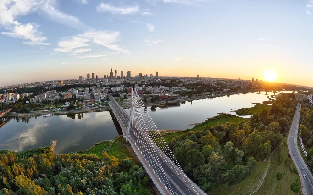 Sunset Cityscape Bridge River Trees Urban