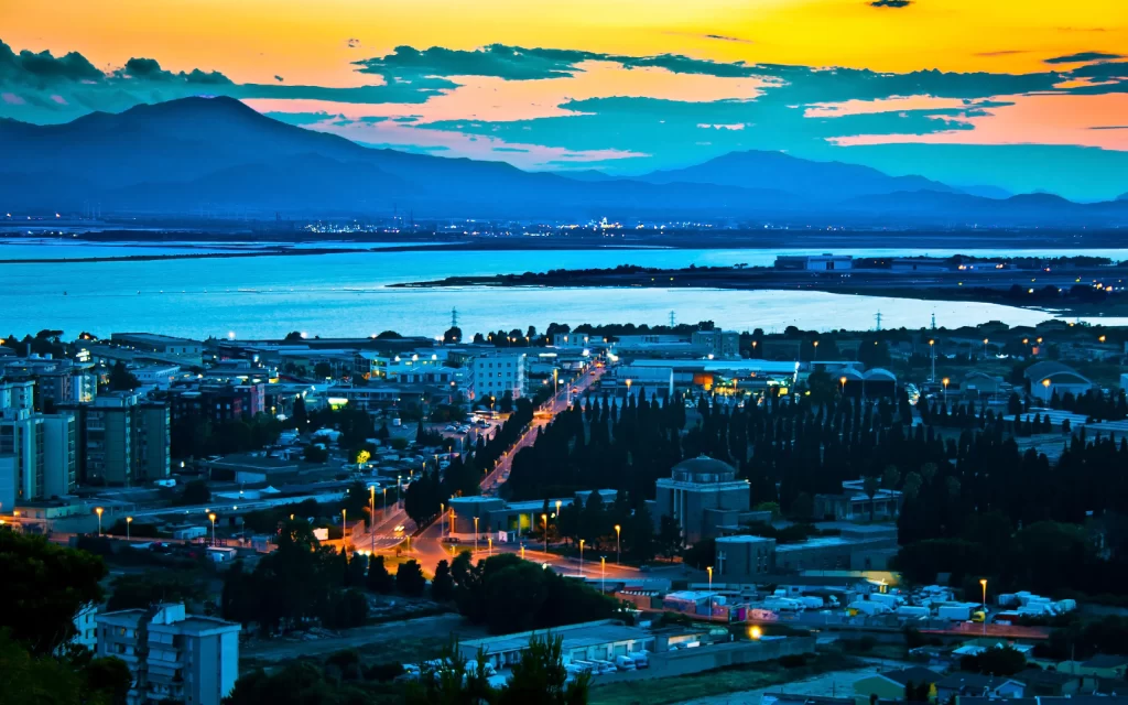 Sunset Cityscape Mountains Lake Lights