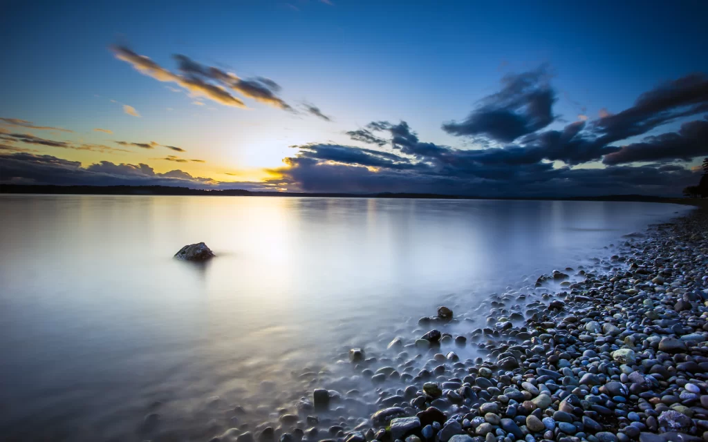 Sunset Clouds Calm Water Rocks Horizon Reflection