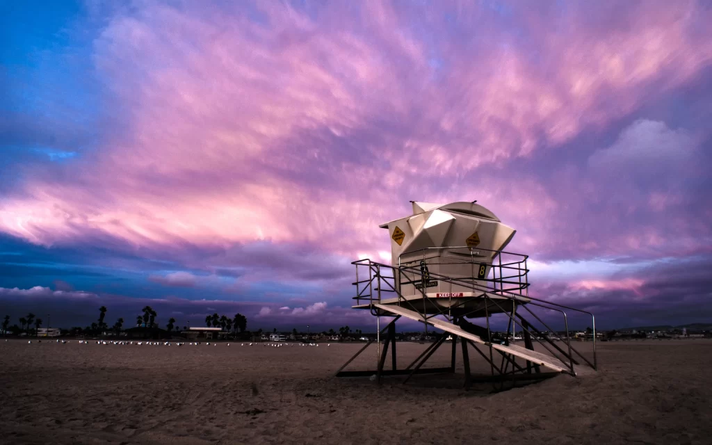Sunset Clouds Lifeguard Tower Beach Palm Trees